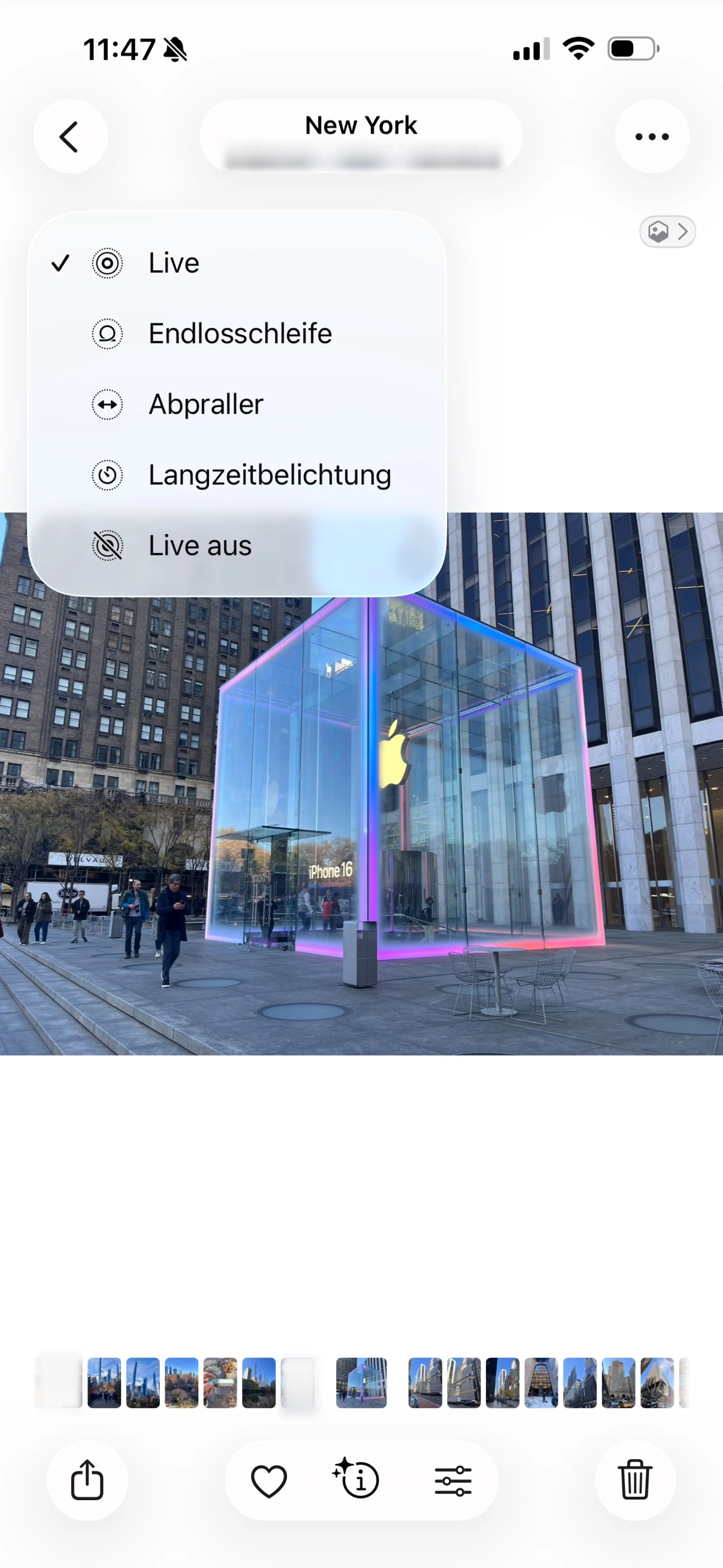 LIVE-Button oben rechts in der Live Photos Vollbildansicht – vier Effekte auf einen Tipper.