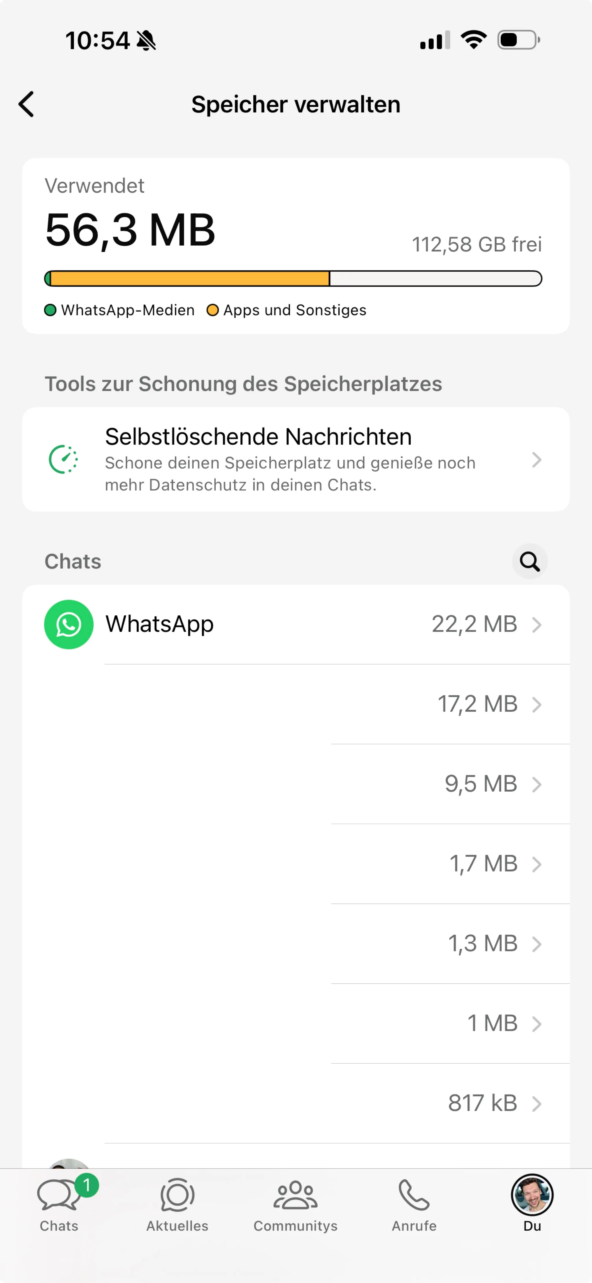 WhatsApp sortiert Chats nach Speicherverbrauch – in aktiven Gruppen sammeln sich schnell Gigabytes.