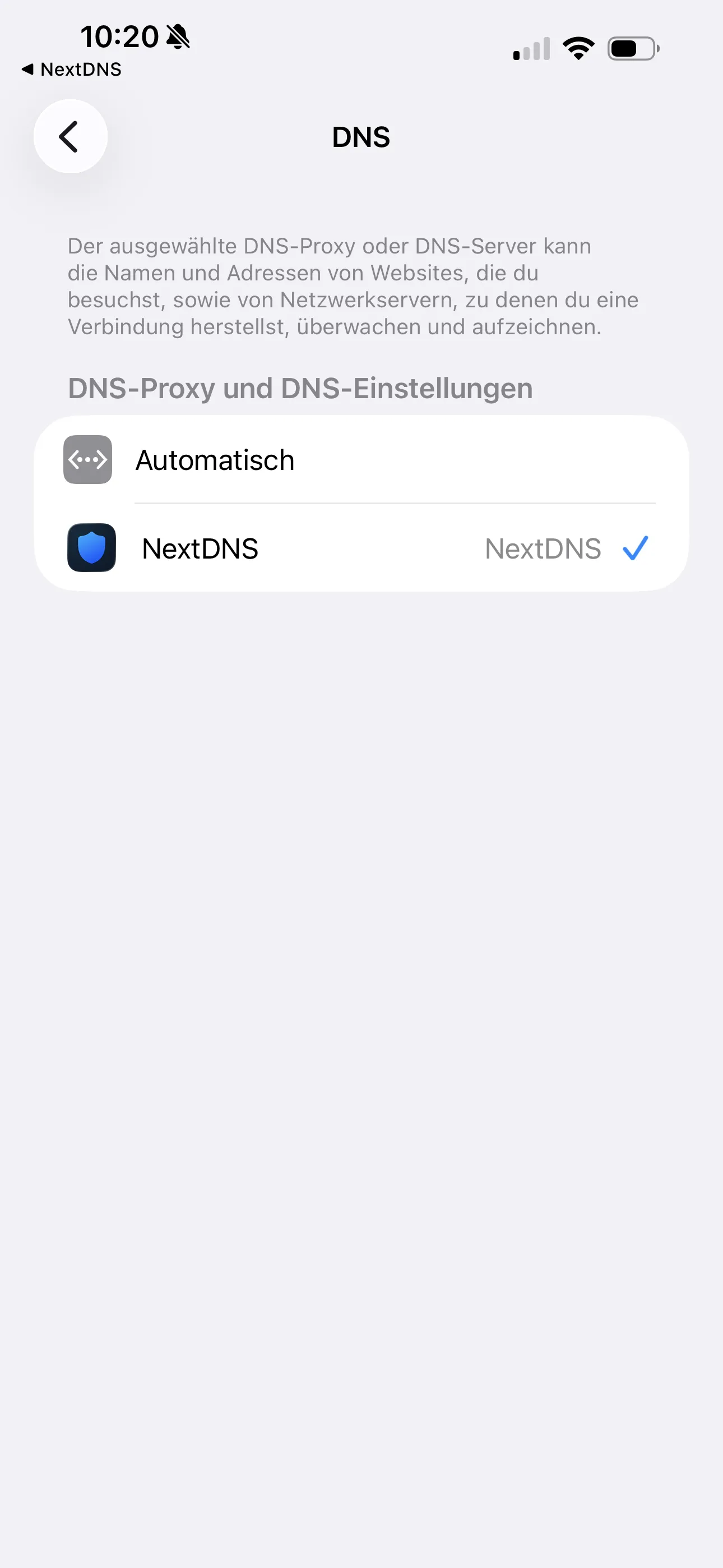 DNS-Einstellungen auf dem iPhone, NextDNS als konfigurierter DNS-Server sichtbar
