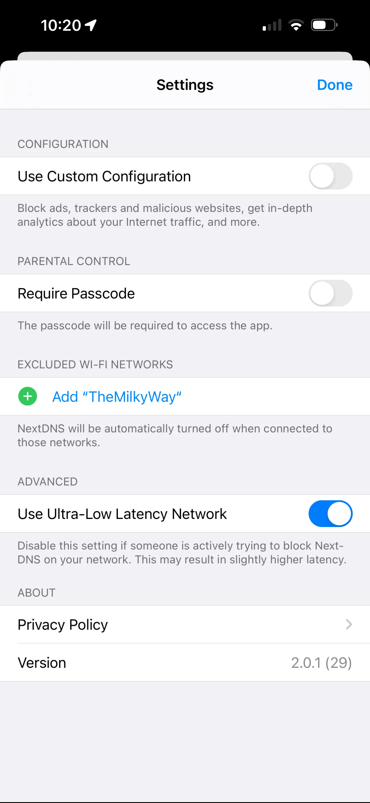 NextDNS App — Einstellungen mit Konfigurationsoptionen