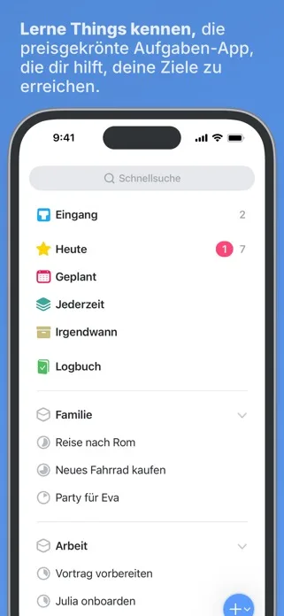 Things 3 Hauptansicht — Aufgaben in Bereiche und Projekte gegliedert.