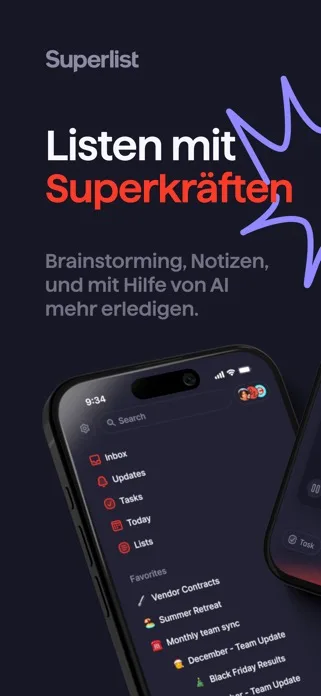 Superlist Hauptansicht — persönliche Aufgaben und Team-Projekte in einer gemeinsamen Oberfläche.